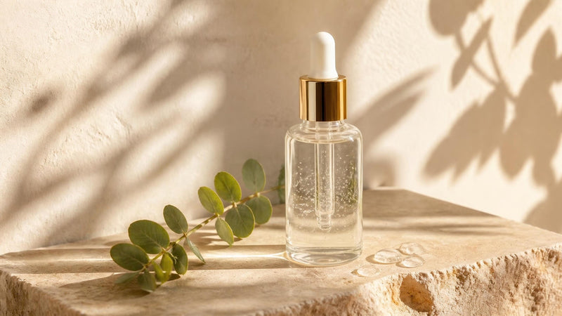 Clear hydrating serum dropper bottle with drops of gel on warm travertine stone