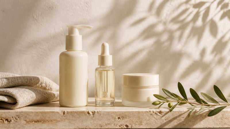 A simple skincare routine: cleanser, serum and moisturizer in a row on travertine stone