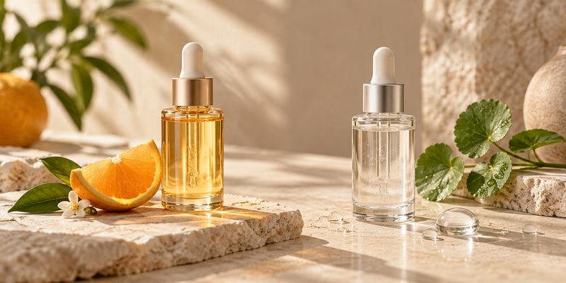 Two amber glass dropper bottles with serum on a linen surface, representing a niacinamide and vitamin C skincare comparison