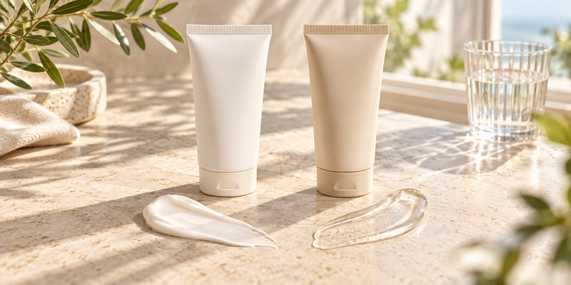 Two sunscreen tubes beside a creamy white swatch and a clear gel swatch on a sunlit stone surface