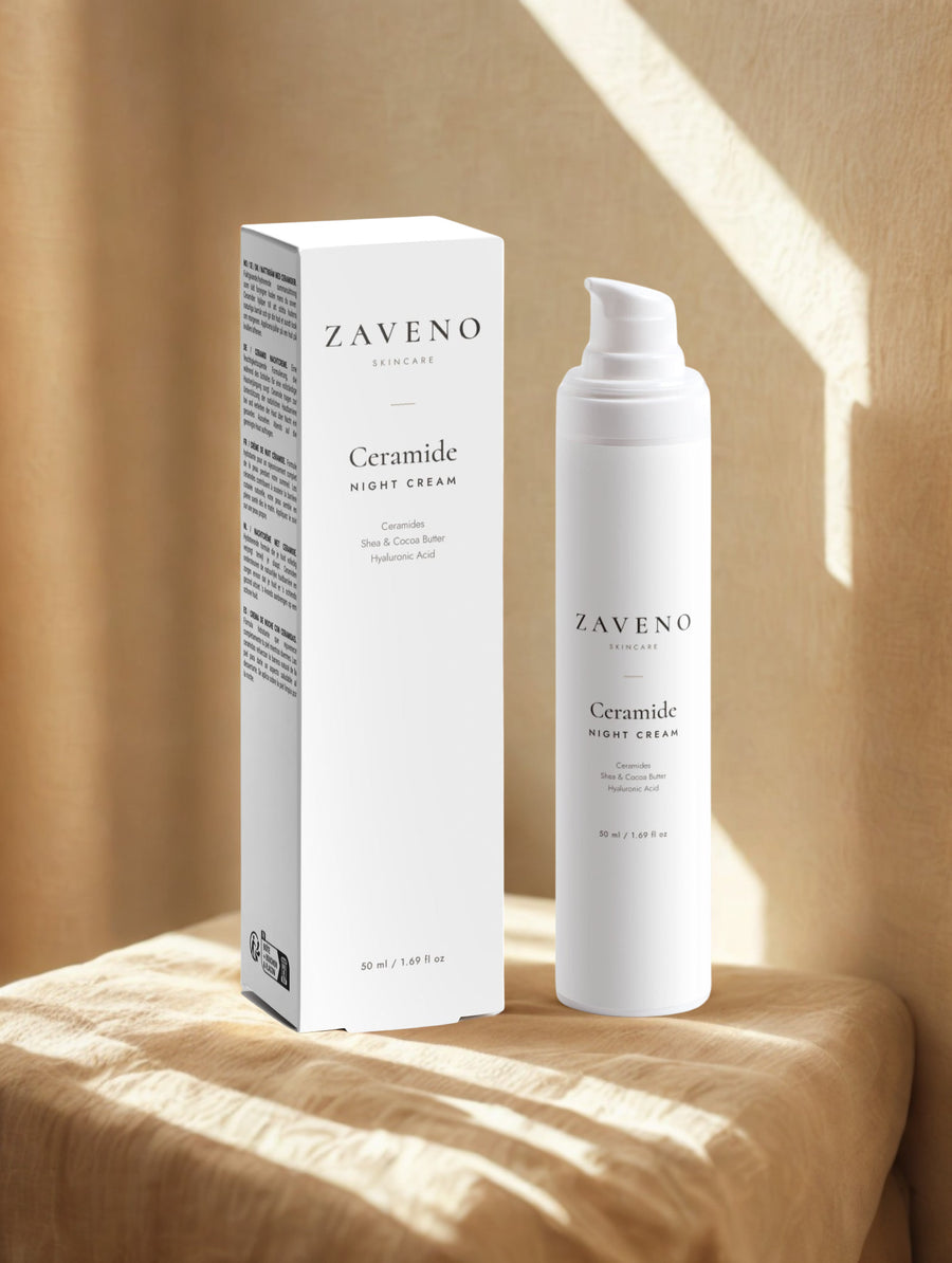 ZAVENO Ceramide Night Cream on soft linen in warm light