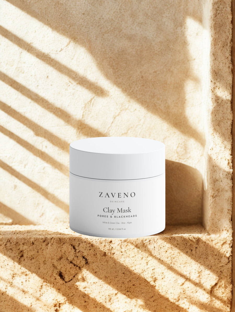 ZAVENO Clay Mask on warm sandstone in afternoon light
