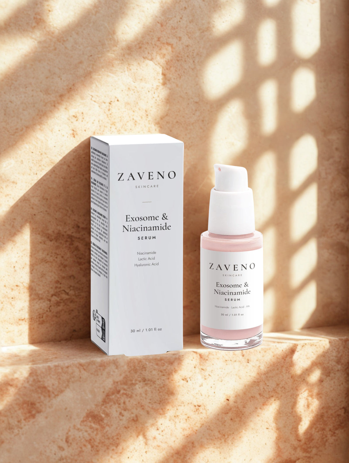 ZAVENO Exosome & Niacinamide Serum on warm travertine