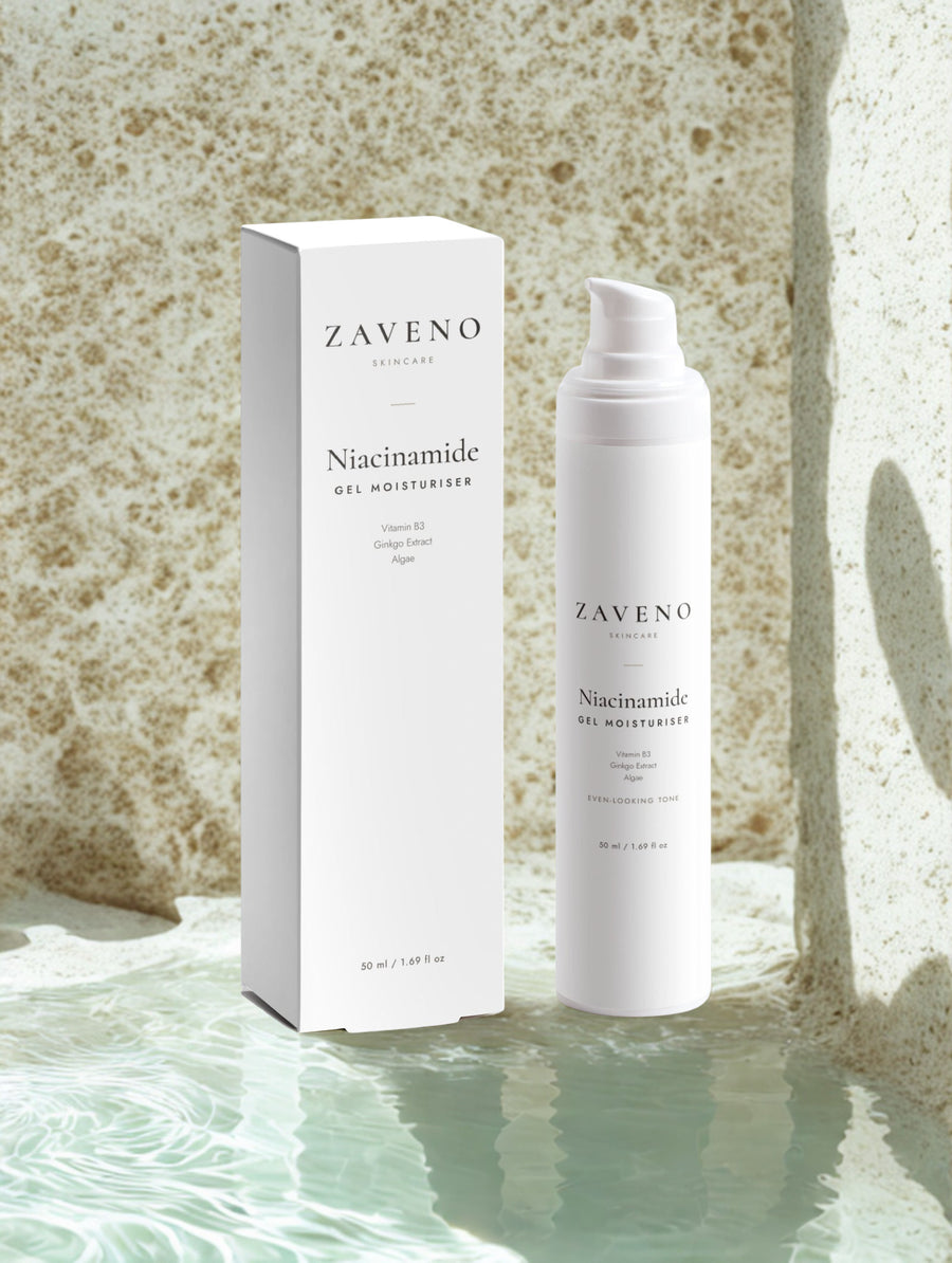 ZAVENO Niacinamide Gel Moisturiser on limestone by calm water