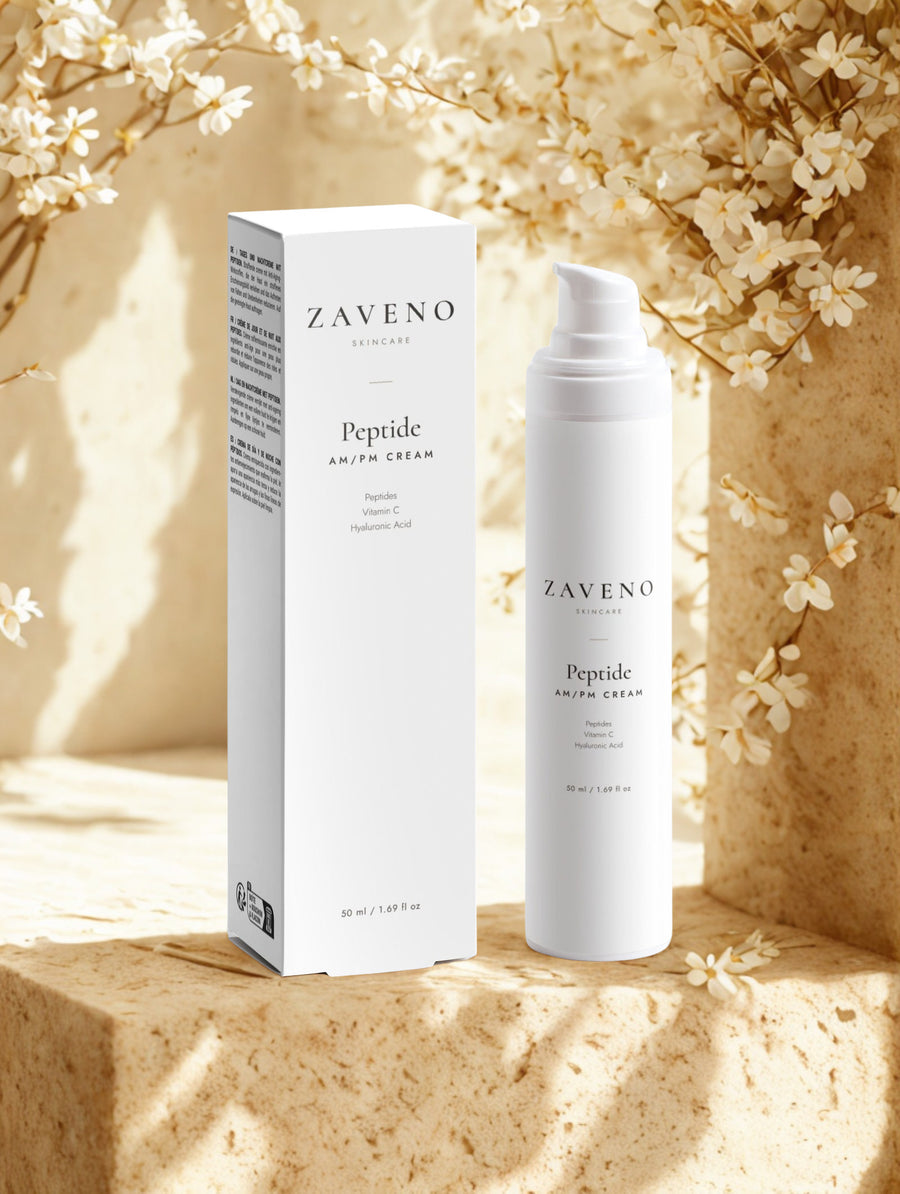 ZAVENO Peptide AM/PM Cream on warm travertine