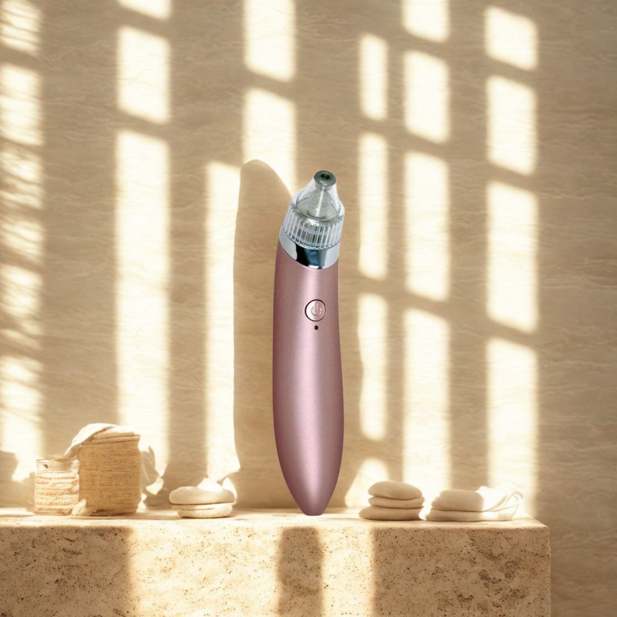 Vacuum Pore Cleanser in Rose on a travertine stone ledge in warm window light