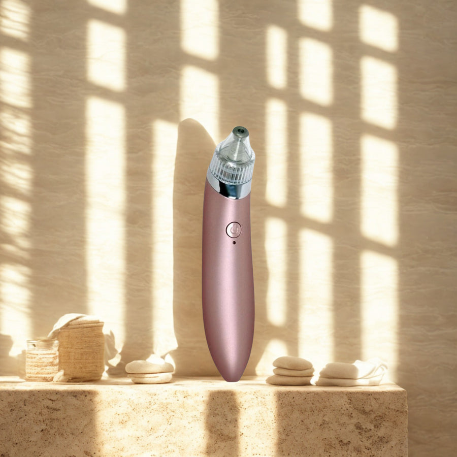 Vacuum Pore Cleanser in Rose on a travertine stone ledge in warm window light