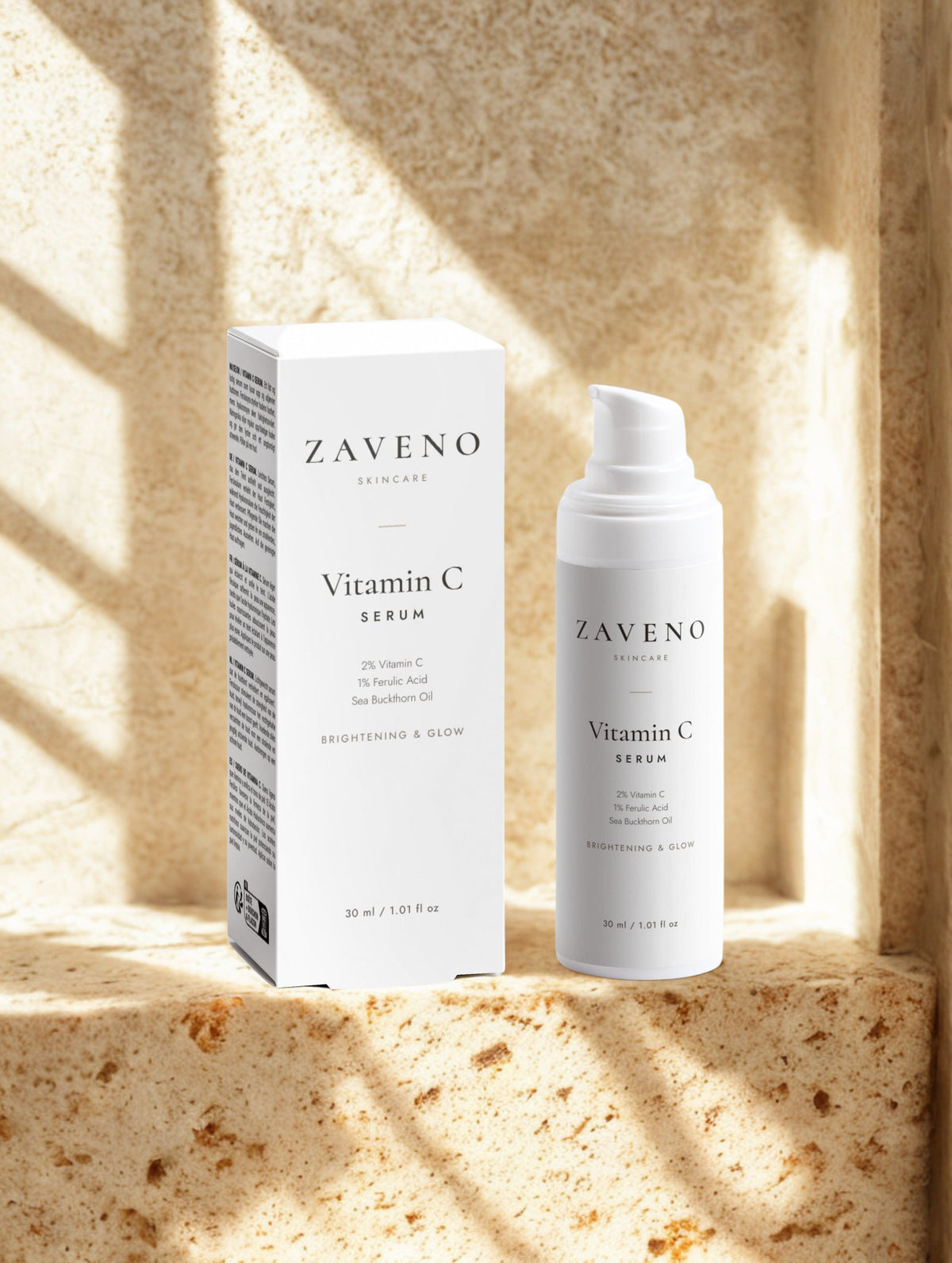 ZAVENO Vitamin C Serum on warm travertine
